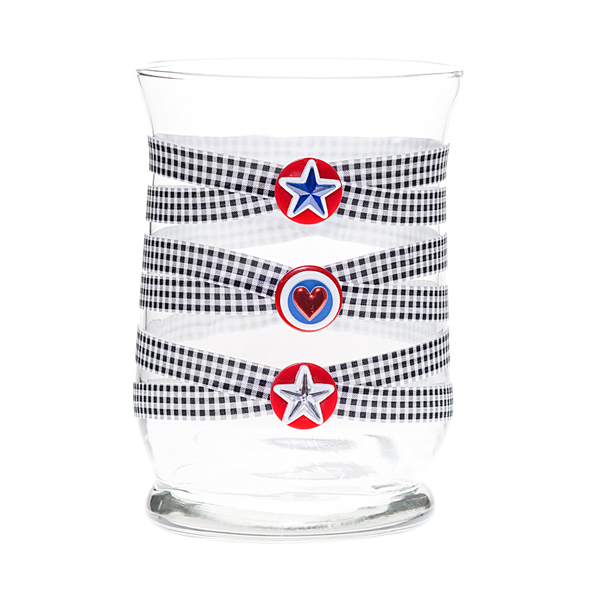 Front of Glass Wrappings 8" hurricane vase wrapped in black & white check elastic, decorated with 2 patriotic stars and a red heart.