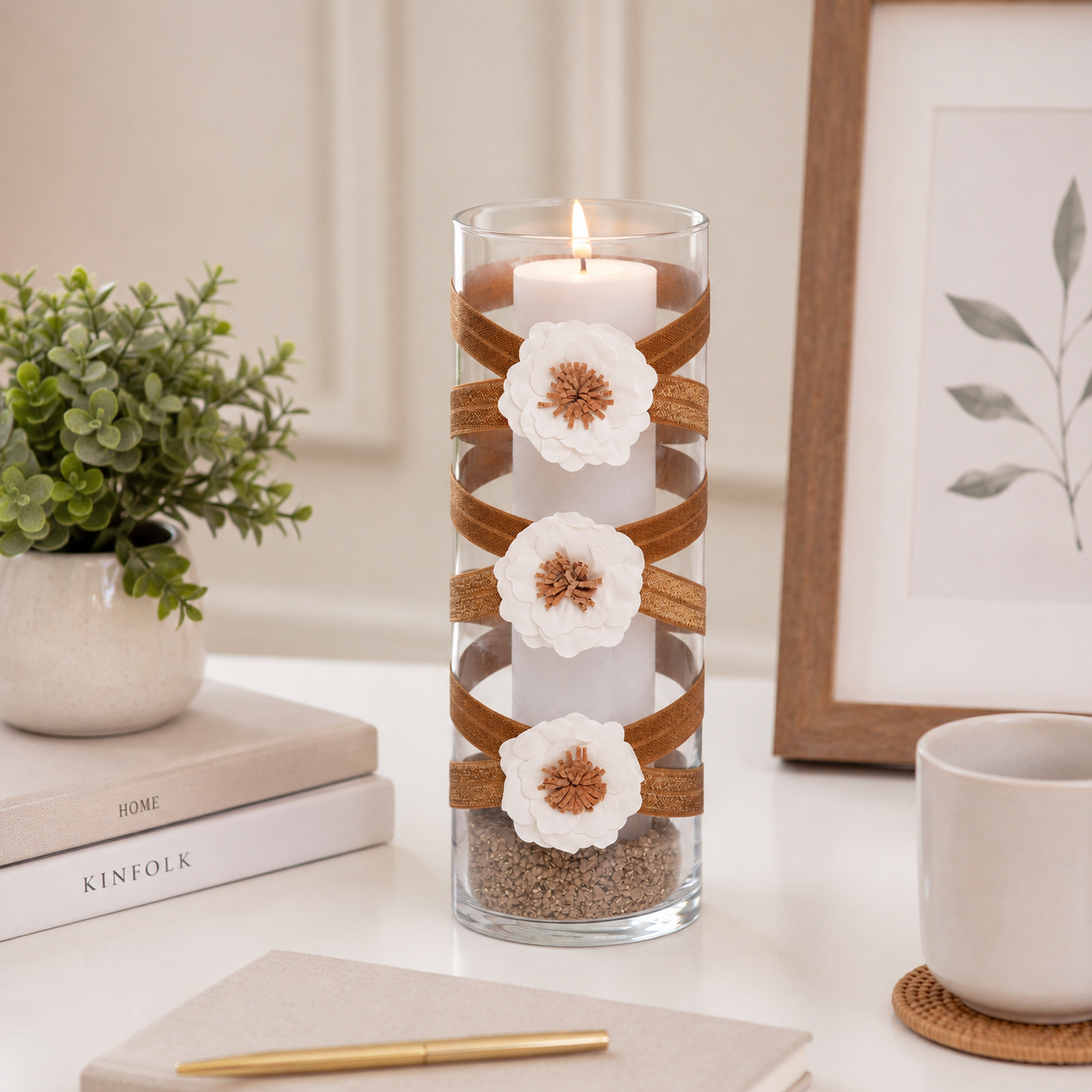White Floral Vase Centerpiece – Burlap Paper Flower Table Décor