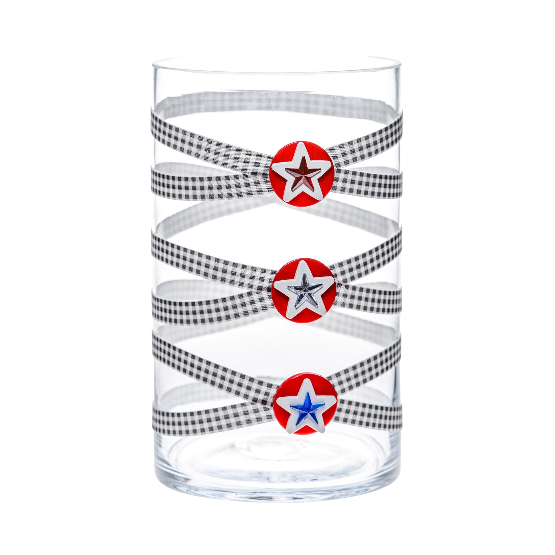 Front of Glass Wrappings 6" x 10" cylinder wrapped in black & white check elastic, decorated with 3 patriotic stars.