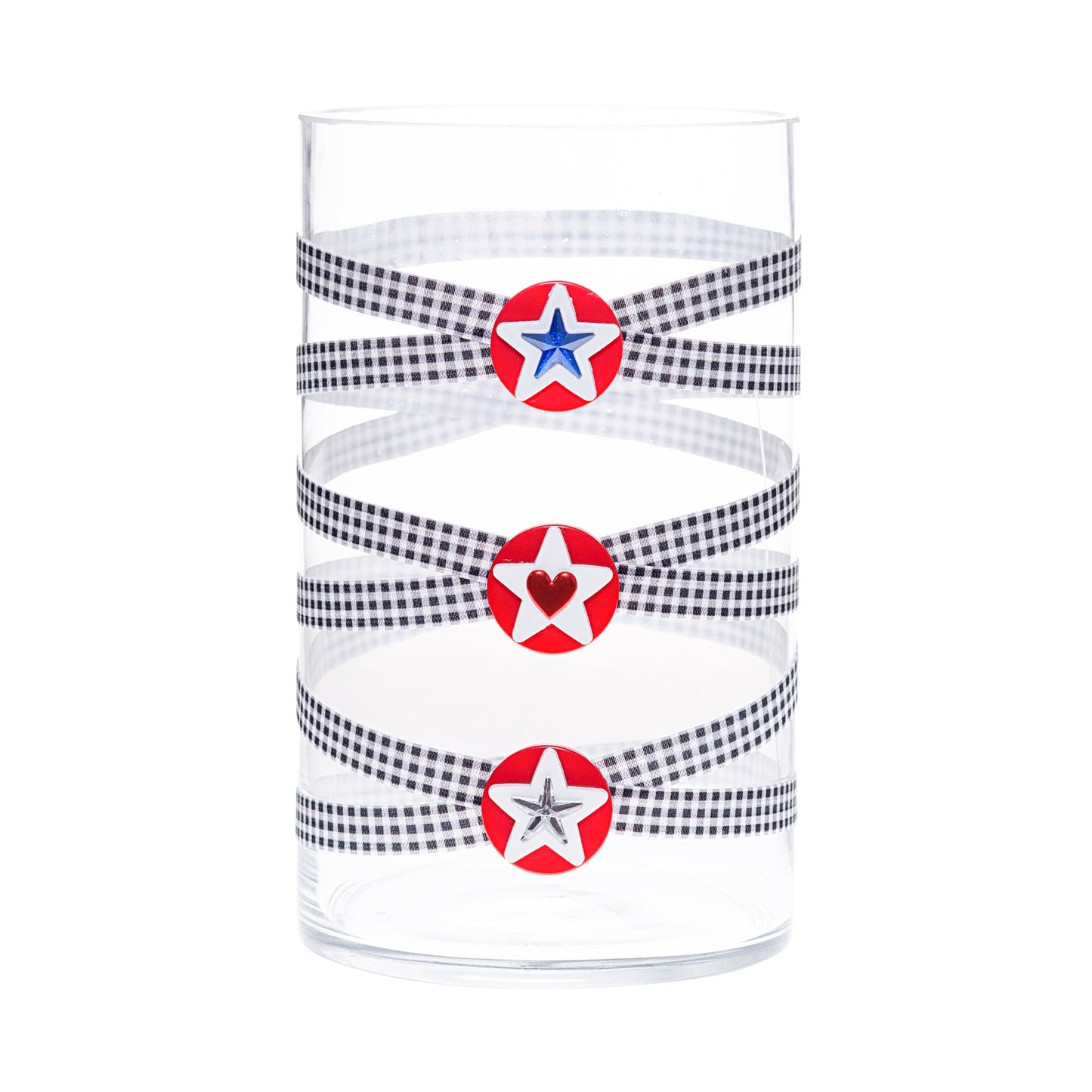 Front of Glass Wrappings 6" x 10" cylinder wrapped in black & white check elastic, decorated with 3 patriotic stars.