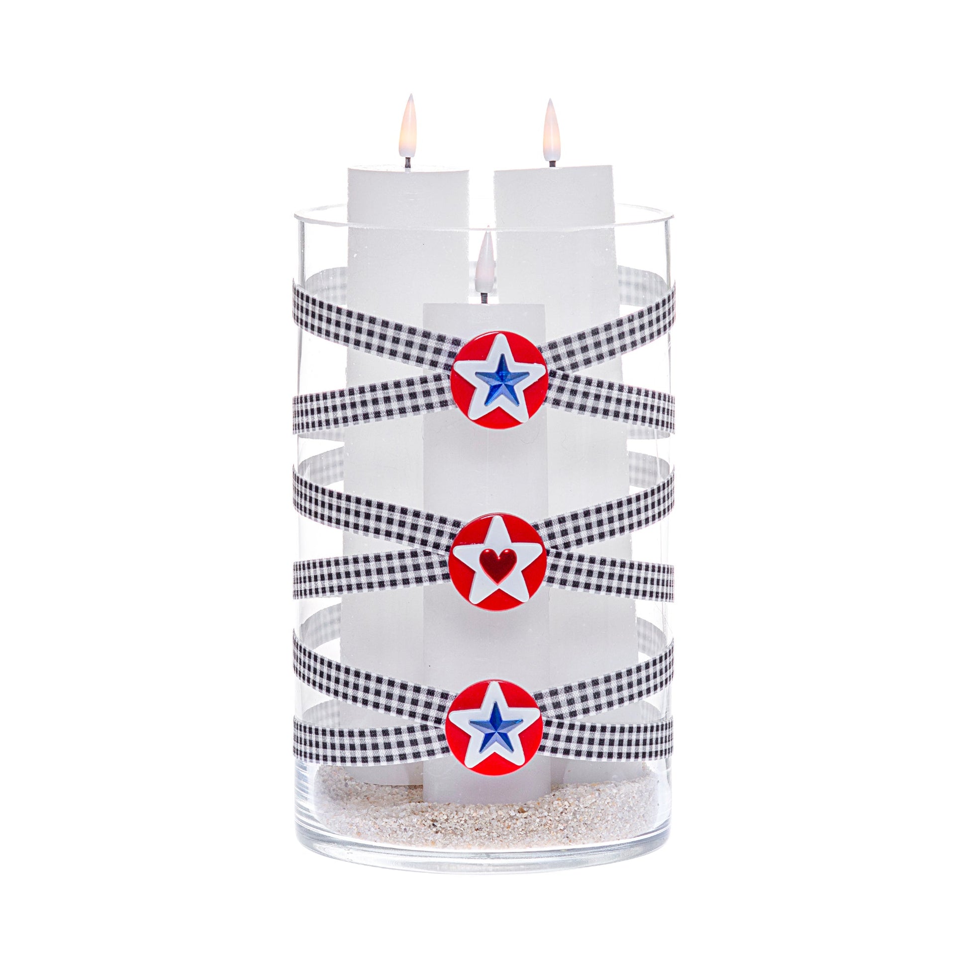 Front of Glass Wrappings 6" x 10" cylinder wrapped in black & white check elastic, decorated with 3 patriotic stars.