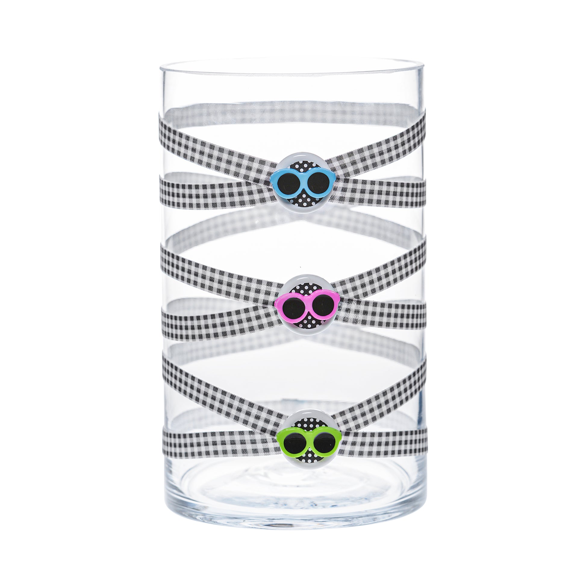 Front of Glass Wrappings 6" x 10" cylinder wrapped in black & white check elastic, decorated with 3 colorful sunglasses.
