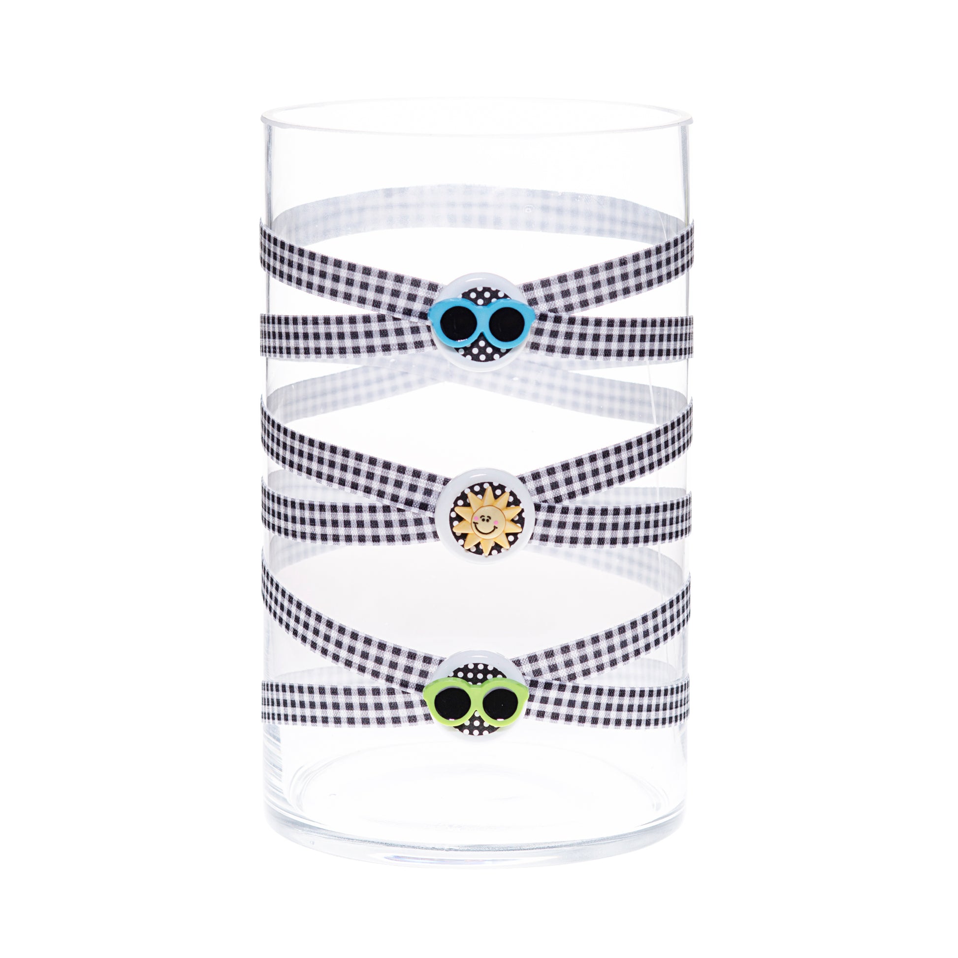Front of Glass Wrappings 6" x 10" cylinder wrapped in black & white check elastic, decorated with 2 colorful sunglasses and a smiley sun.
