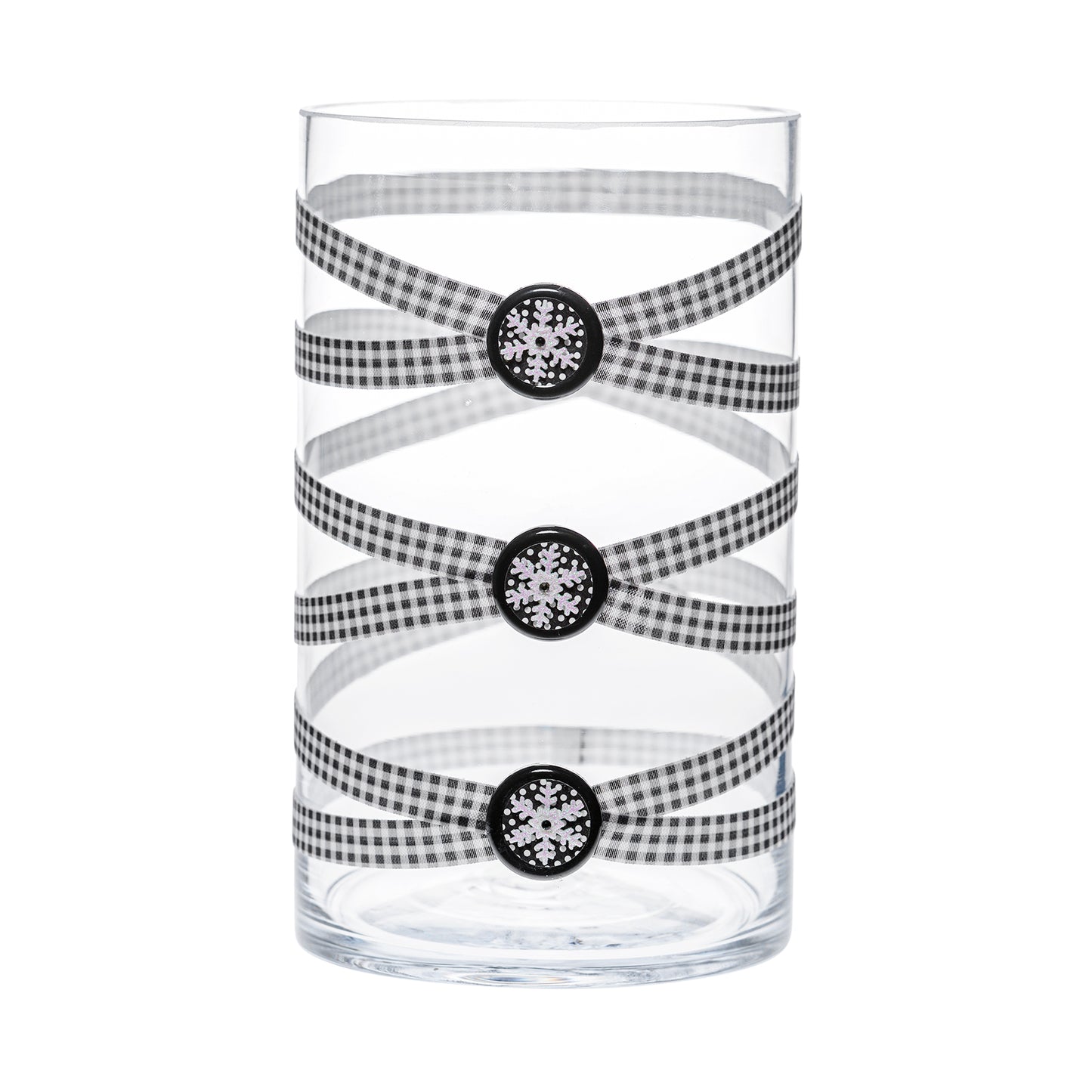 Front of Glass Wrappings' 10" cylinder wrapped in black & white check elastic, decorated with 3 shiny snowflakes.