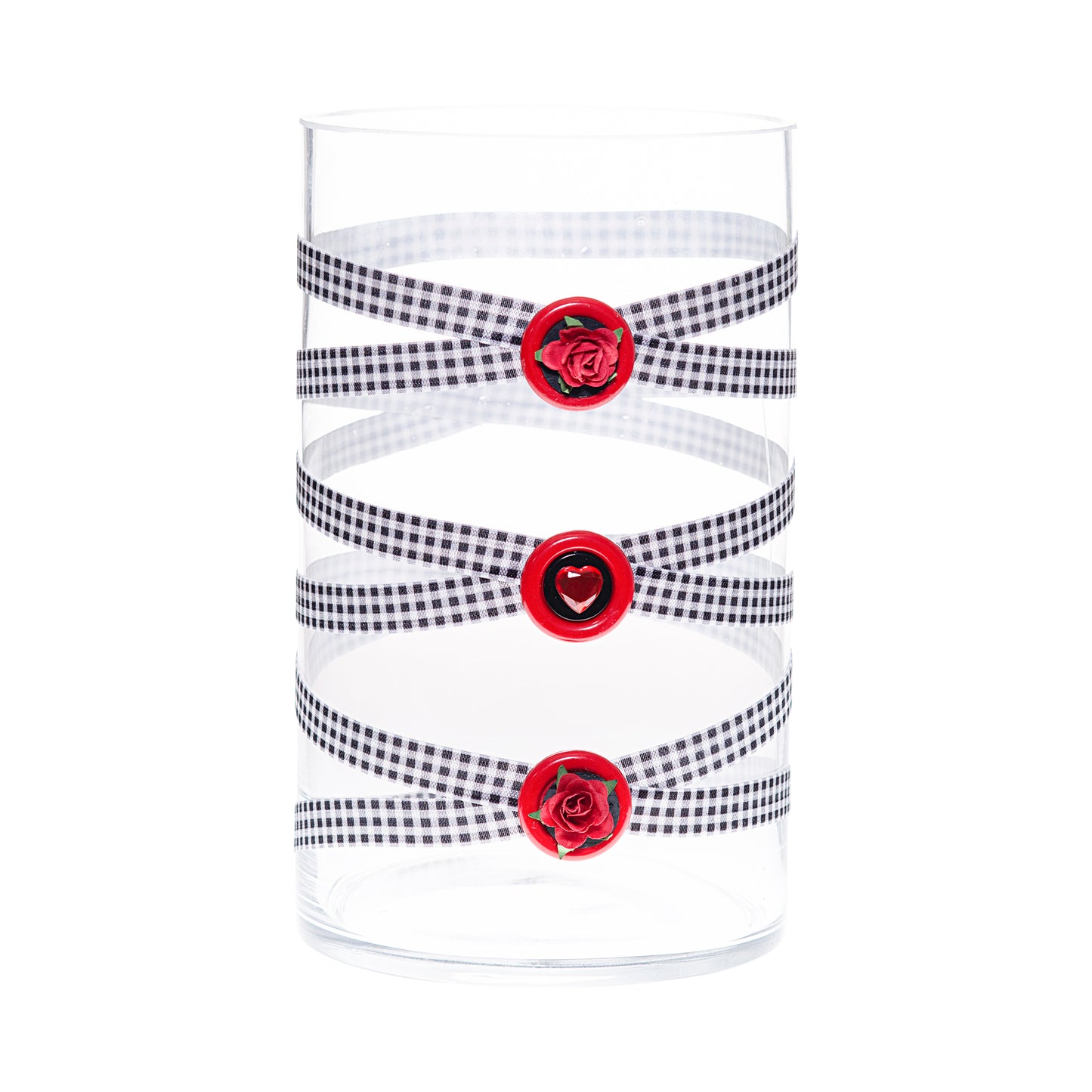 Front of Glass Wrappings 6" x 10" cylinder wrapped in black & white check elastic, decorated with 2 red roses and a red gem heart.