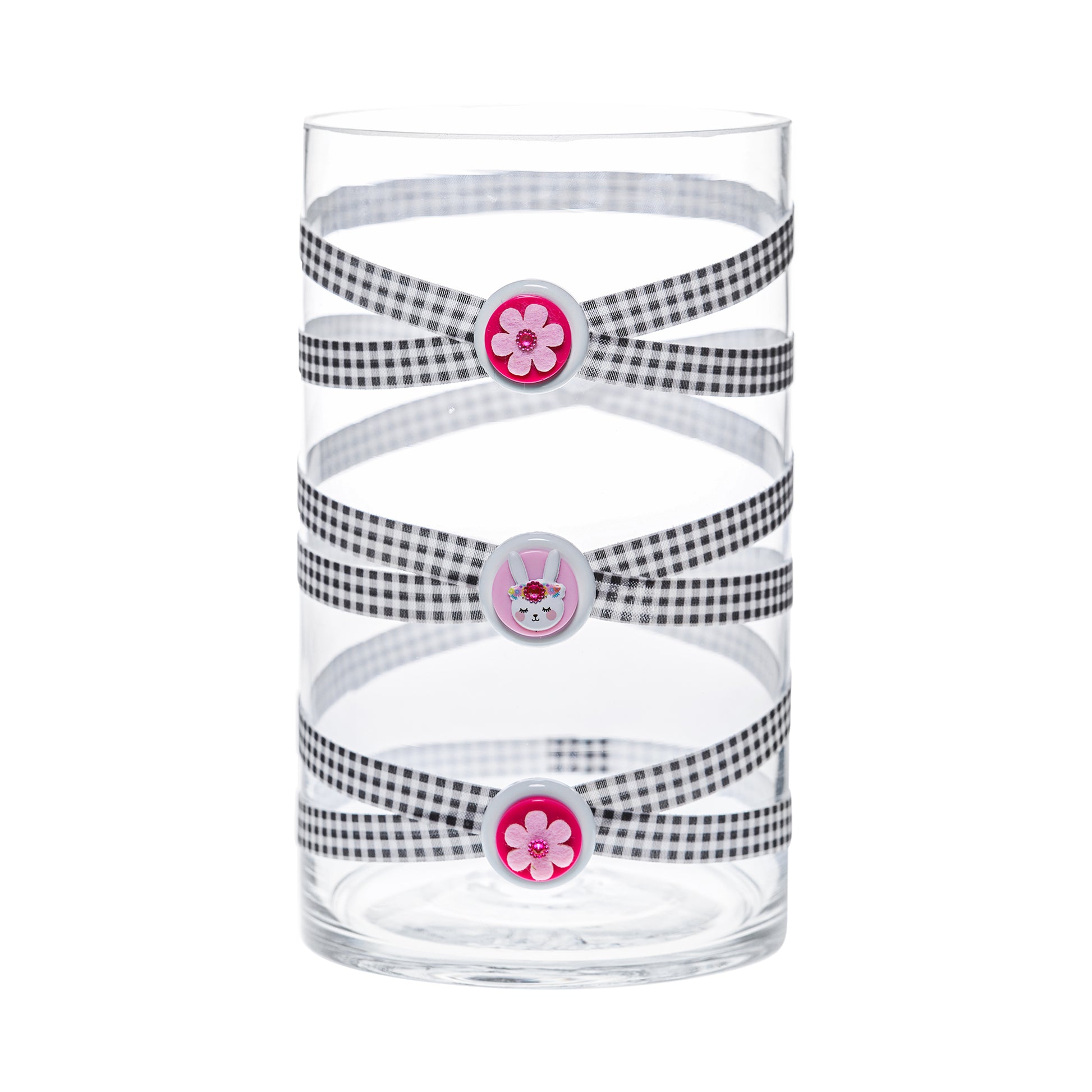 Front of Glass Wrappings 10" cylinder vase wrapped in black & white check elastic, decorated with 2 pink flowers and jeweled bunny.