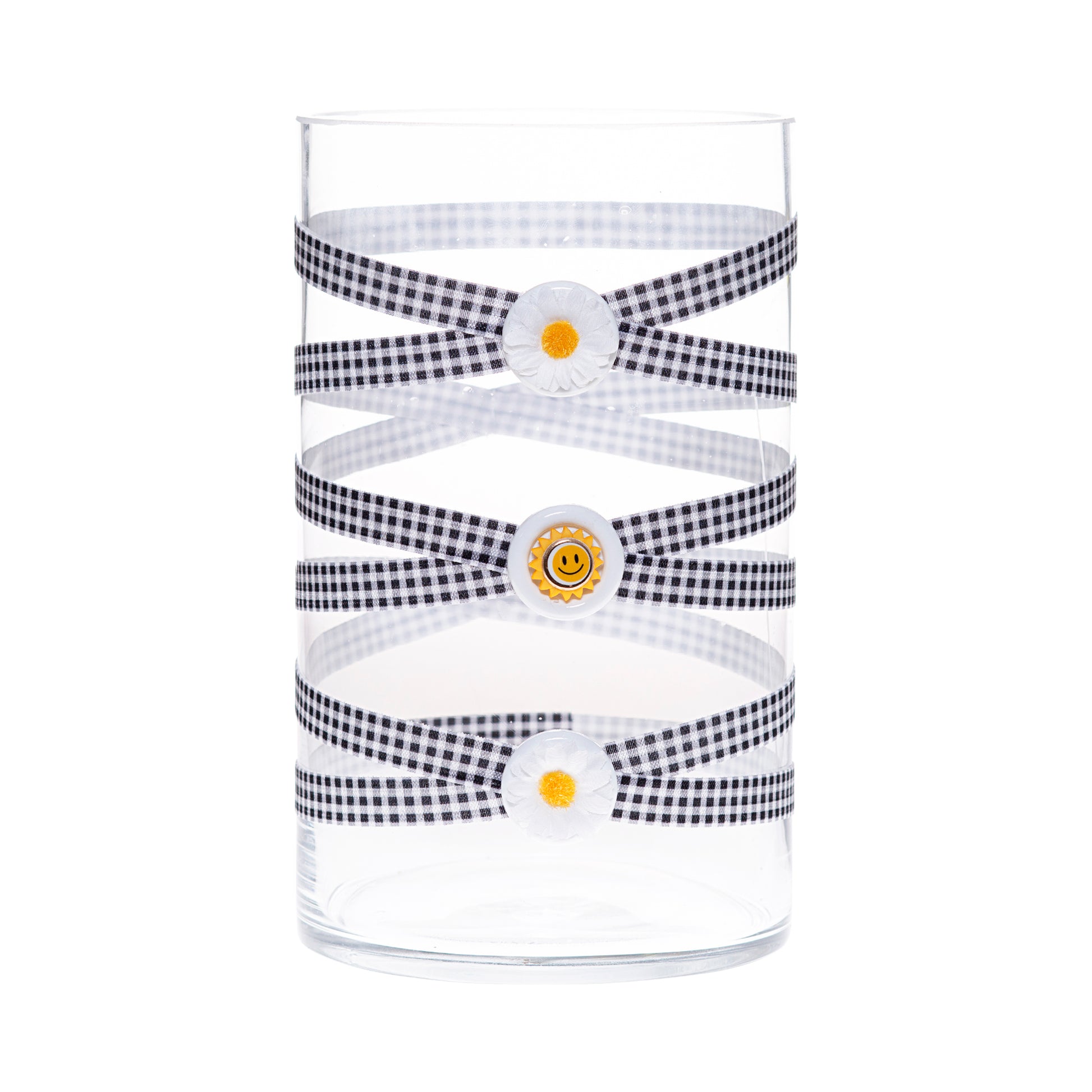 Back of Glass Wrappings 6" x 10" cylinder wrapped in black & white check elastic, decorated with 2 fabric daisies and 1 gold smiley.