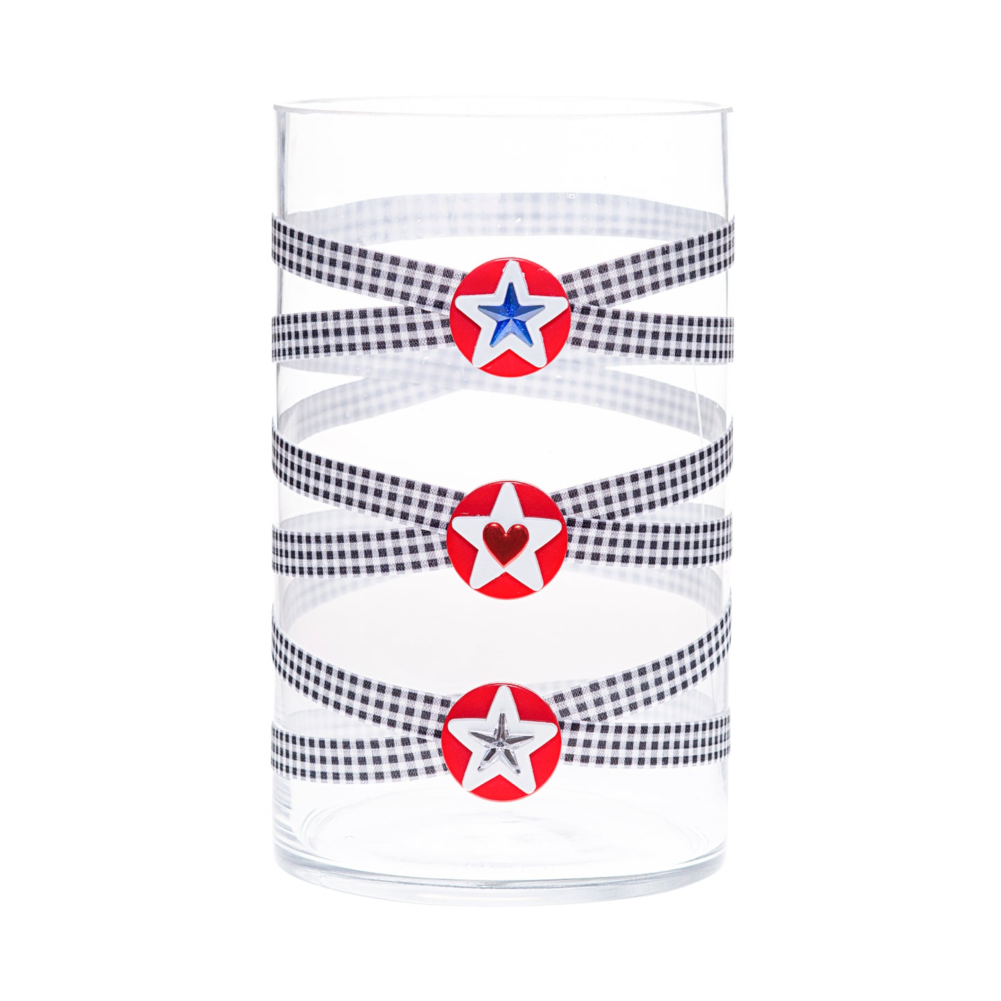 Front of Glass Wrappings 6" x 10" cylinder wrapped in black & white check elastic, decorated with 3 patriotic stars and 1 red heart.