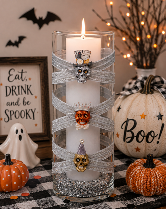 3.5" x 9.5" Vase Silver 5X 6 All Dressed Up Skulls Glitter Halloween Collection Complete Set FREE SHIPPING