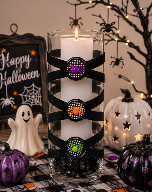 3.5" x 9.5" Vase Black 5X 6 Colorful Purple Orange Green Chartreuse Spiders Halloween Collection Complete Set FREE SHIPPING