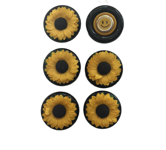 Glass Wrappings ' set of 6 black sunflower and smiley embellishments. 