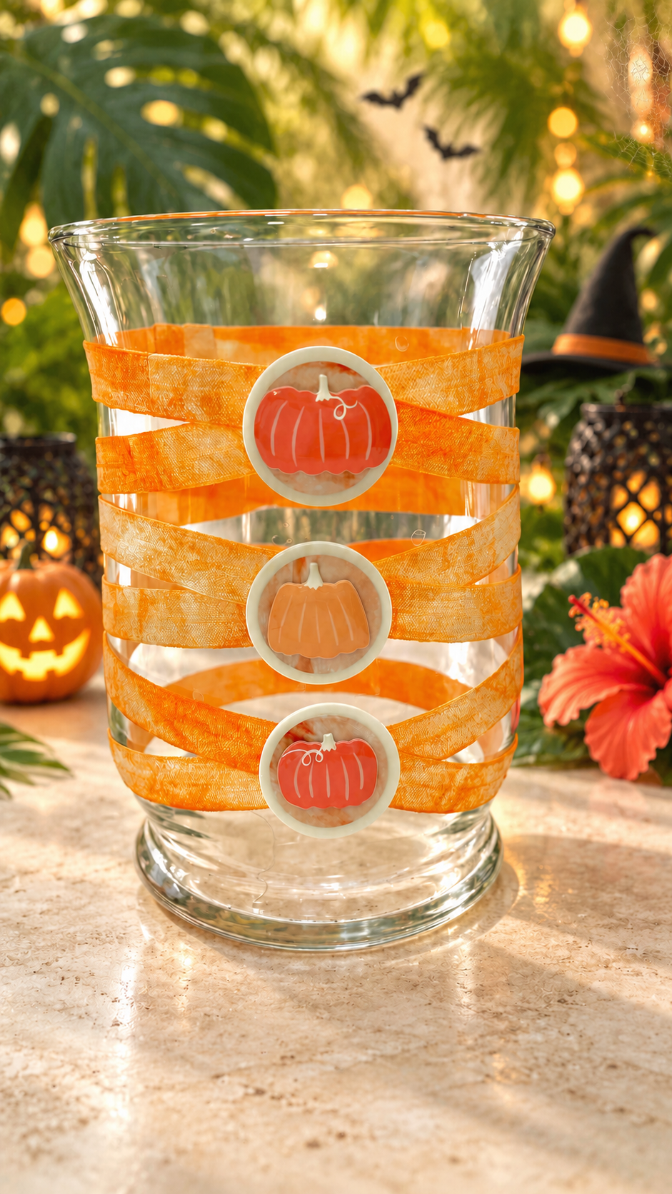 Glass Wrappings Summerween pumpkin hurricane with tropical greenery, jack-o'-lantern, bats, witch hat, and hibiscus