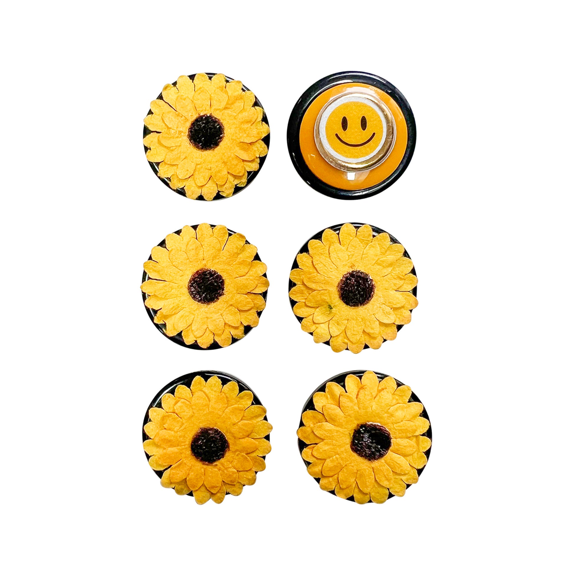 Glass Wrappings' embellishment set includes five fabric sunflowers atop 1" black buttons.