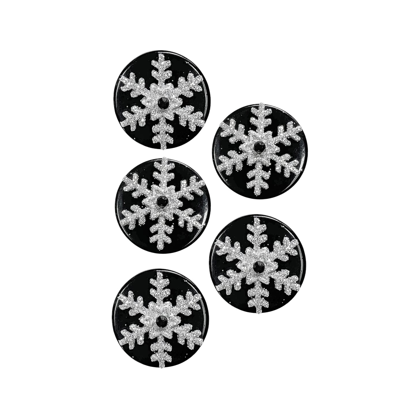 Set of 5 Medium Glitter Snowflakes embellishments. Black buttons with iridescent snowflakes topped with black rhinestones.