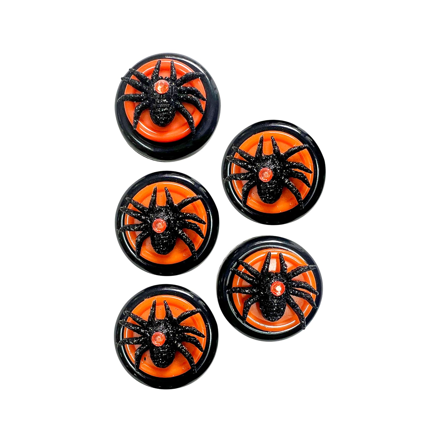 Glass Wrappings set of 5 sparkly black spiders sitting atop 1" black and orange buttons. All are adorned with orange gems.  