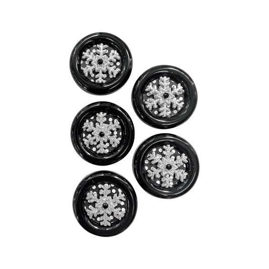 Glass Wrappings set of 5 Glitter Snowflakes embellishments. 5 black buttons topped with  iridescent snowflakes and black rhinestones.