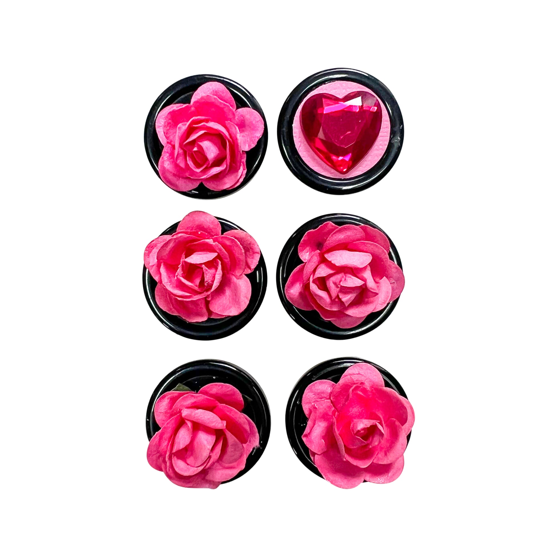 Glass Wrappings set of 6 Bright Pink Flowers + Pink Gem Heart embellishments. 5 paper roses and 1 gem heart atop black buttons.