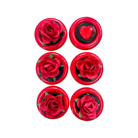 Set of 5 Red Roses + Gem Heart embellishments. 5 paper roses and 1 gem heart atop black buttons.