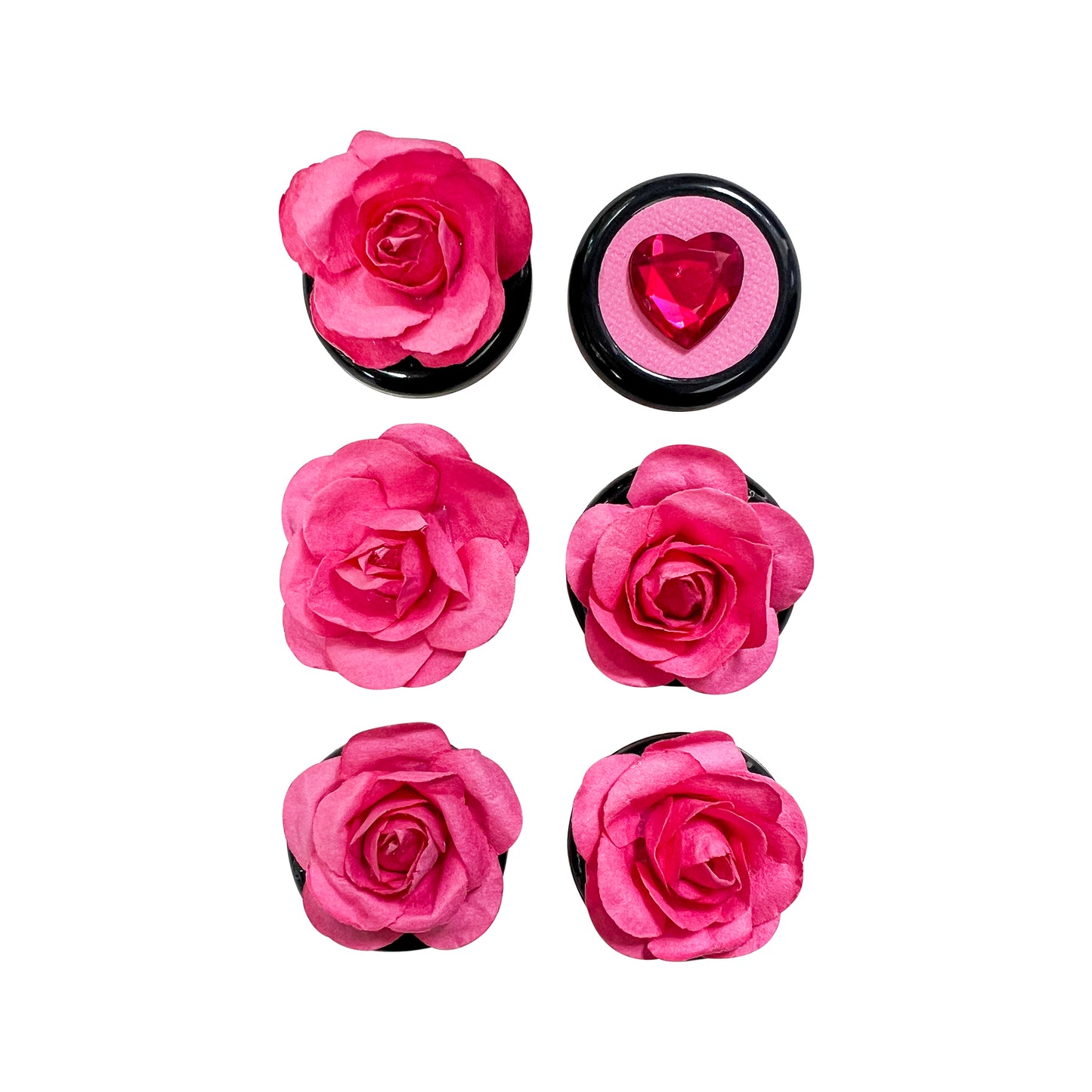 Set of 6 Bright Pink Flowers + Pink Gem Heart embellishments. 5 paper roses and 1 gem heart atop black buttons.