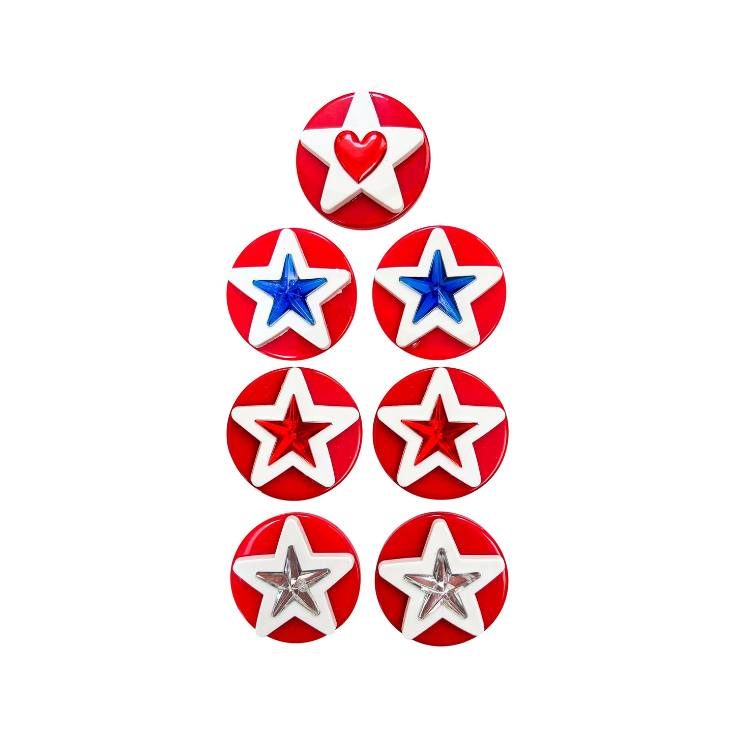 Glass Wrappings set of 7 Patriotic Stars + Heart embellishments. 6 red, white, and blue stars and 1 red heart atop red buttons.