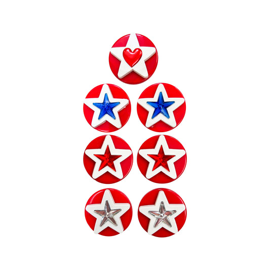 Glass Wrappings set of 7 Patriotic Stars + Heart embellishments. 6 red, white, and blue stars and 1 red heart atop red buttons.
