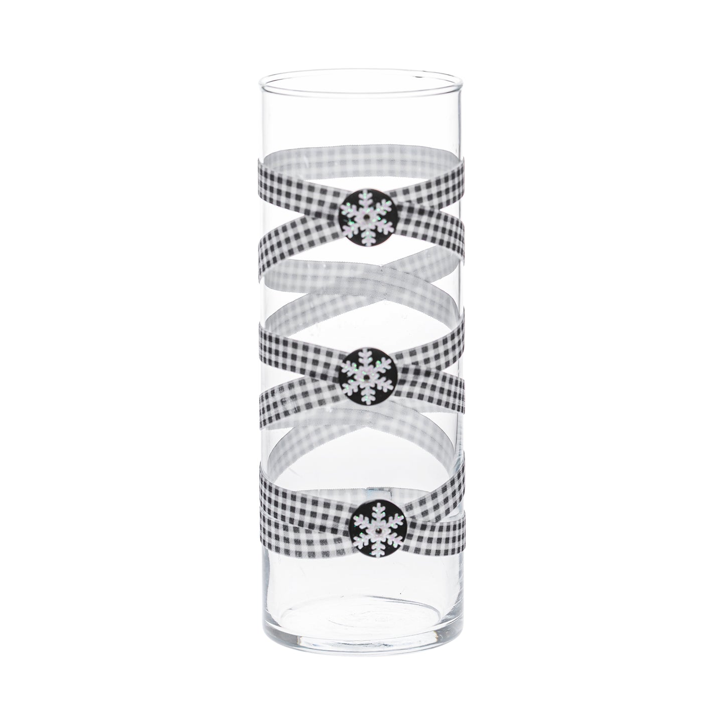 Front of Glass Wrappings 10" bud vase wrapped in black & white check elastic, decorated with 3 shiny snowflakes.