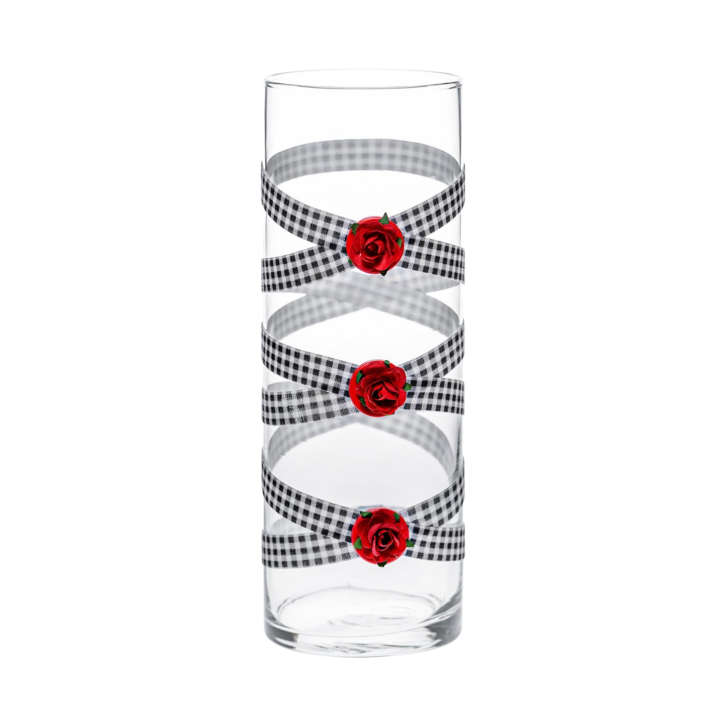 Front of Glass Wrappings 10" bud vase wrapped in black & white check elastic, decorated with 3 red roses.