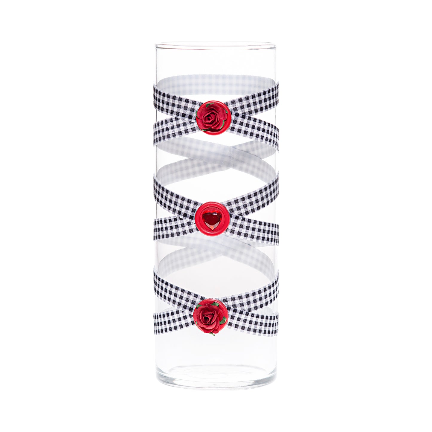 Front of Glass Wrappings 10" bud vase wrapped in black & white check elastic, decorated with 2 red roses and a red gem heart.