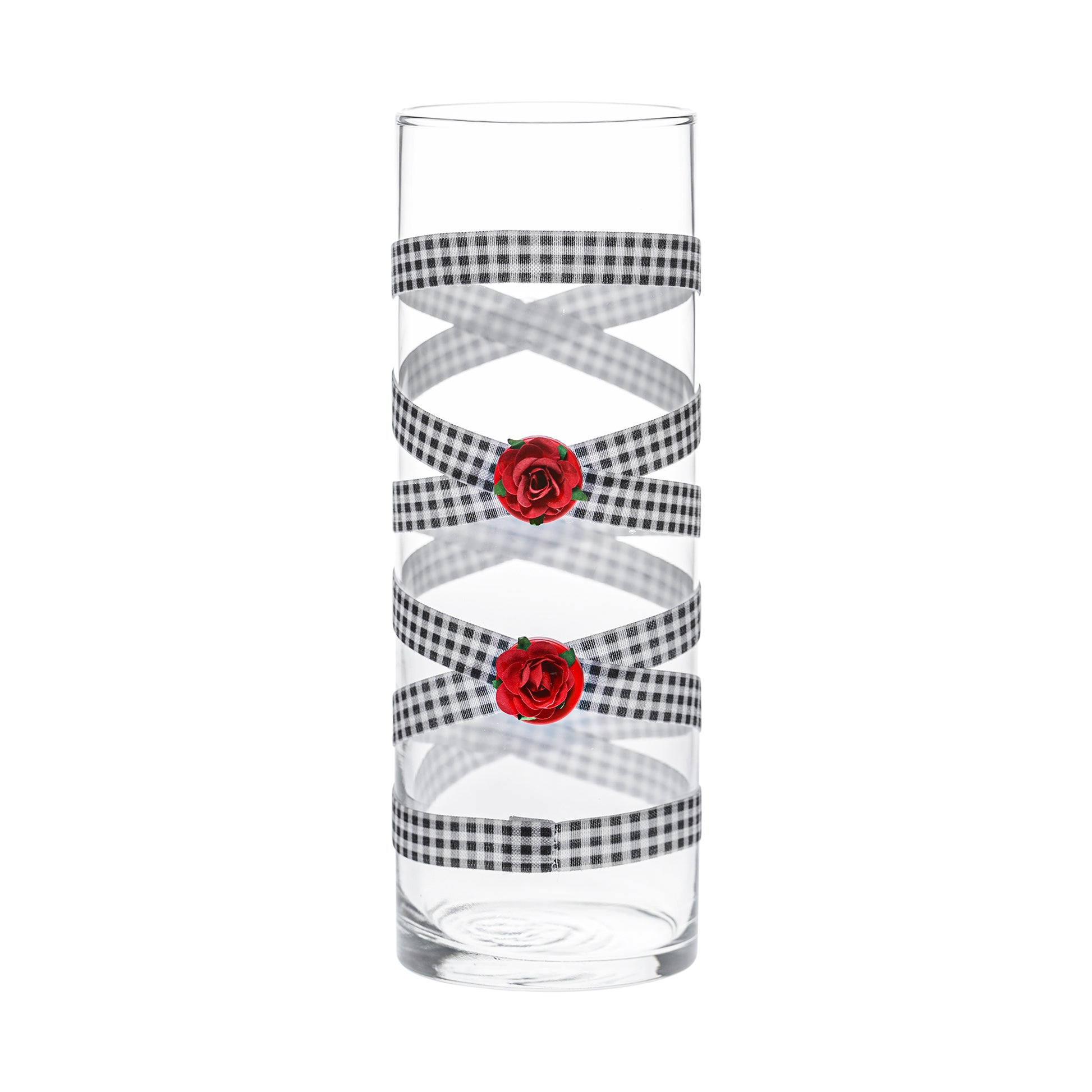 Back of Glass Wrappings 10" bud vase wrapped in black & white check elastic, decorated with 2 red roses.