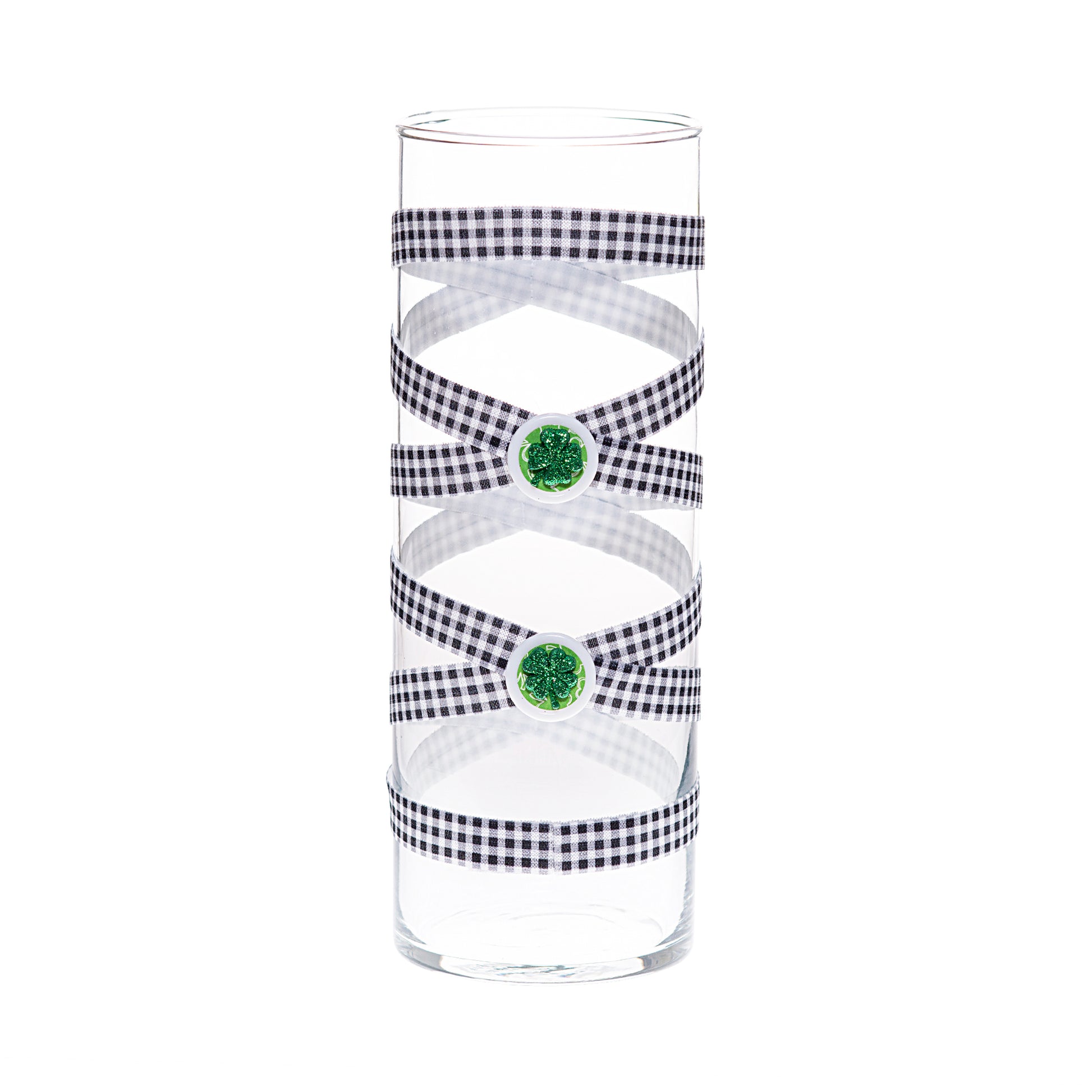 Back of Glass Wrappings 10" bud vase wrapped in black & white check elastic, decorated with 2 glitter shamrocks.