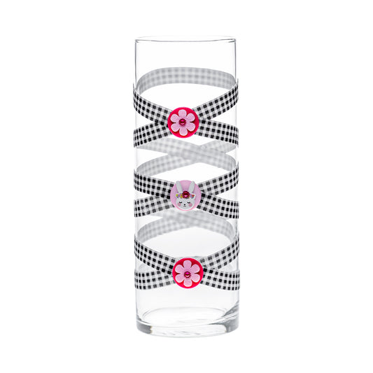 Front of Glass Wrappings 10" bud vase wrapped in black & white check elastic, decorated with  2 pink flowers and jeweled bunny.