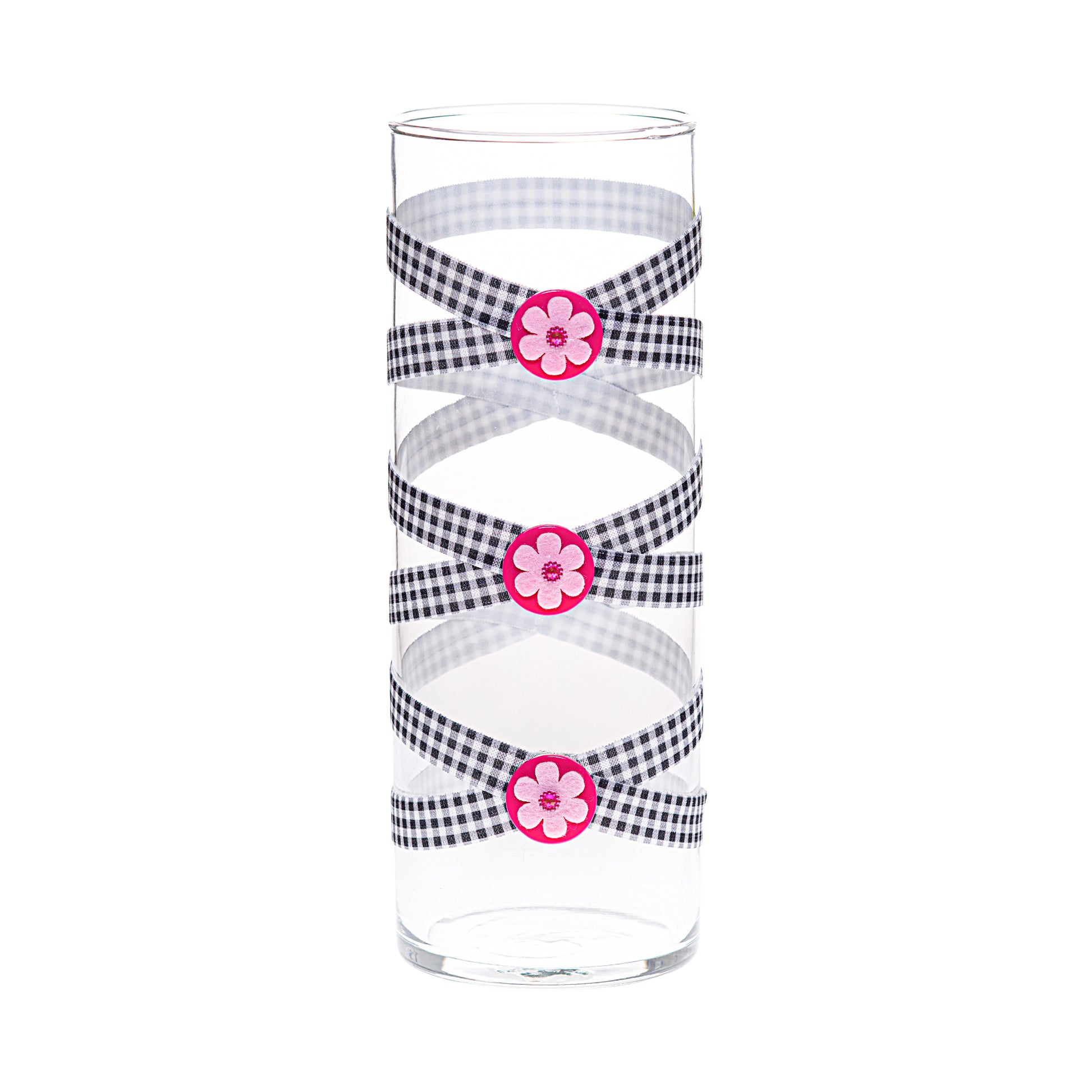 Front of Glass Wrappings 10" bud vase wrapped in black & white check elastic, decorated with 3 pink flowers.