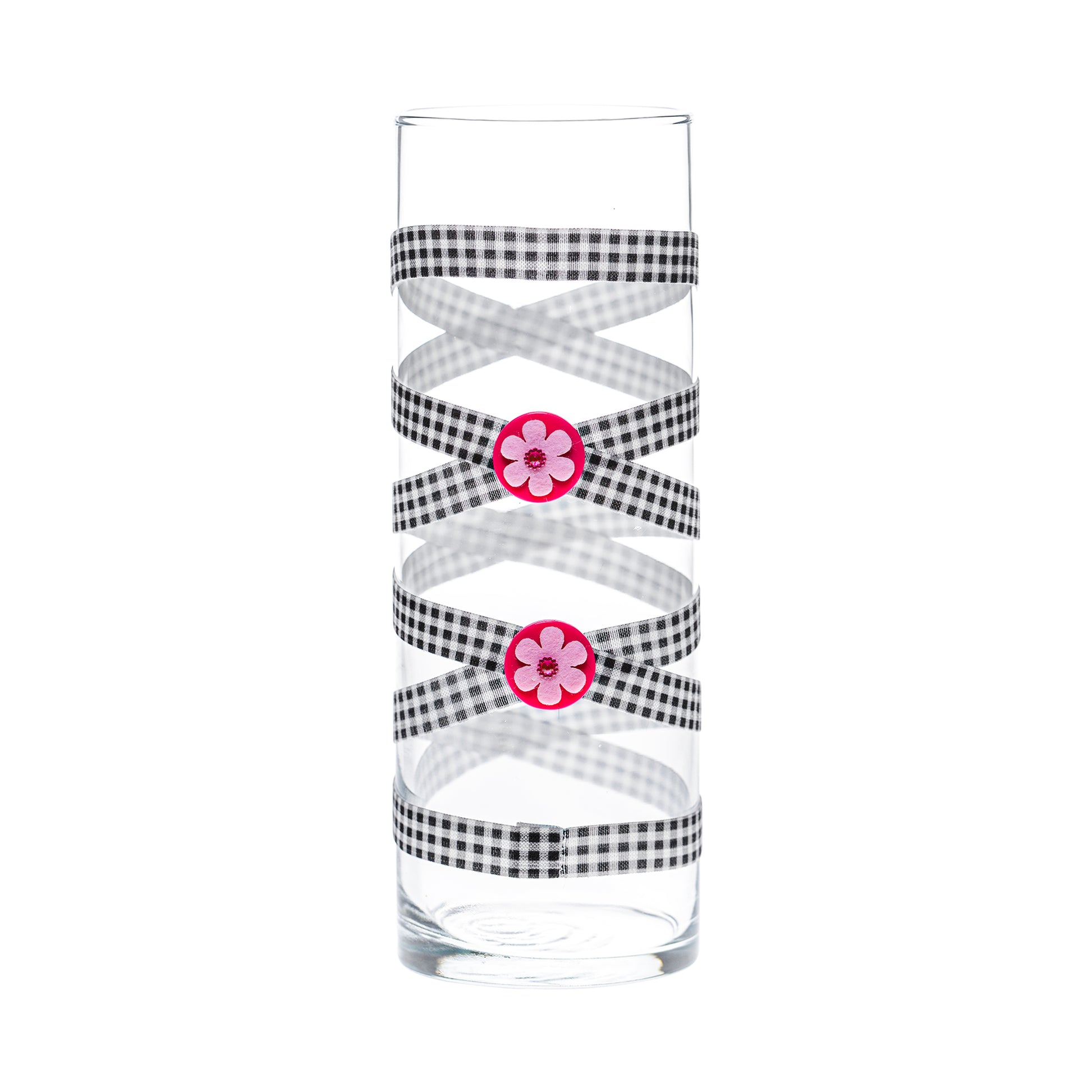 Back of Glass Wrappings 10" bud vase wrapped in black & white check elastic, decorated with  2 pink flowers.
