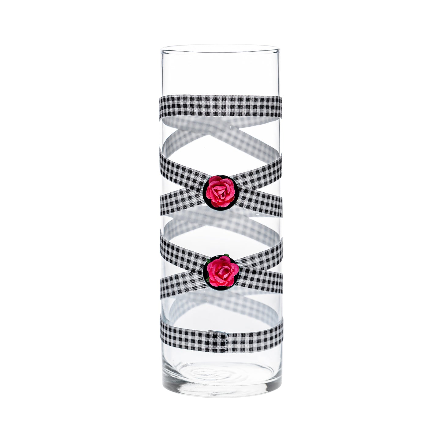 Back of Glass Wrappings 10" bud vase wrapped in black & white check elastic, decorated with 2 pink roses.