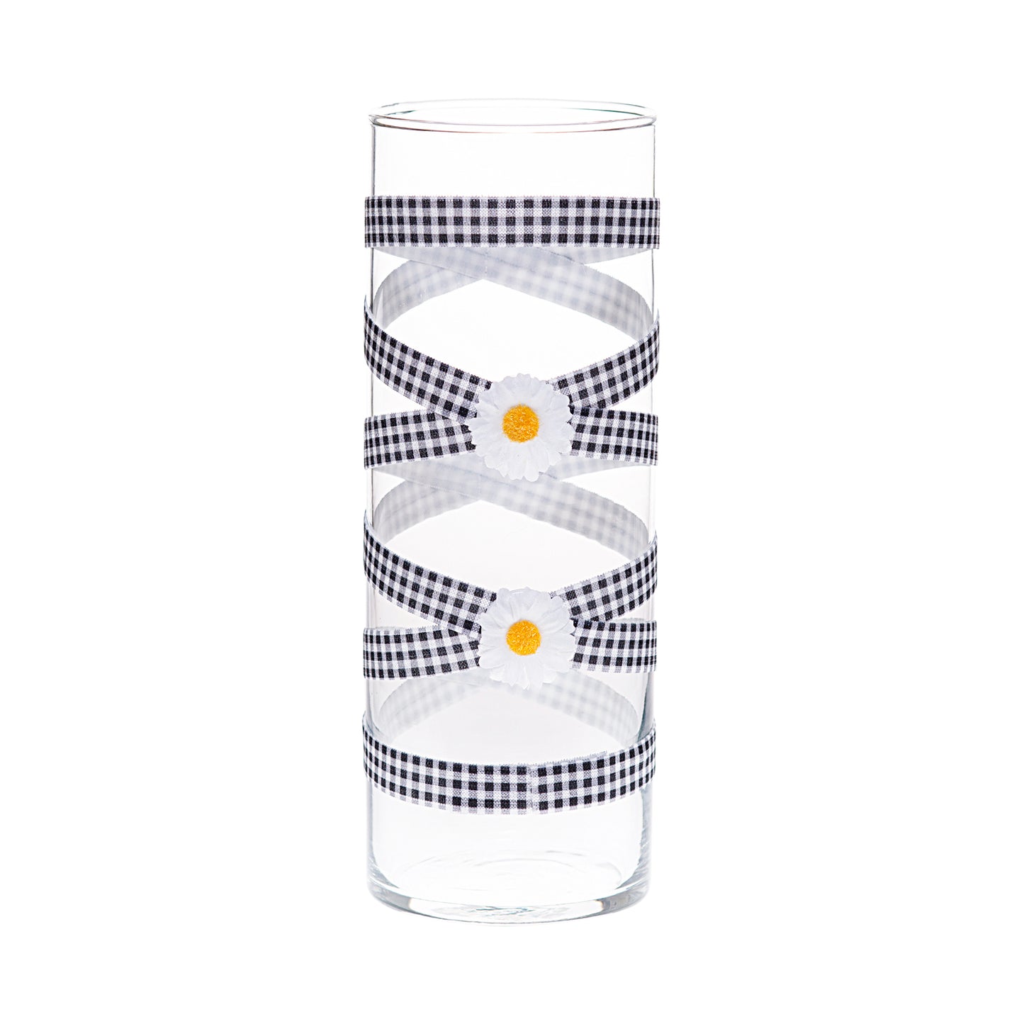 Back of Glass Wrappings' 10" bud vase wrapped in black & white check elastic, decorated with 2 white daisies.