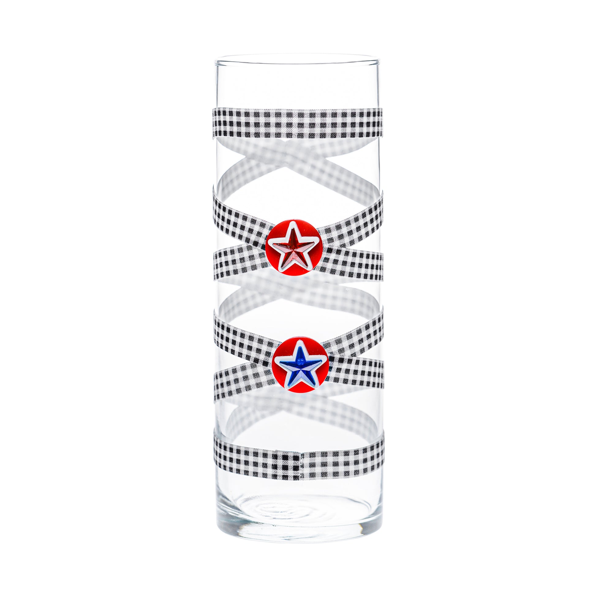 Back of Glass Wrappings 10" bud vase wrapped in black & white check elastic, decorated with 2 patriotic stars.