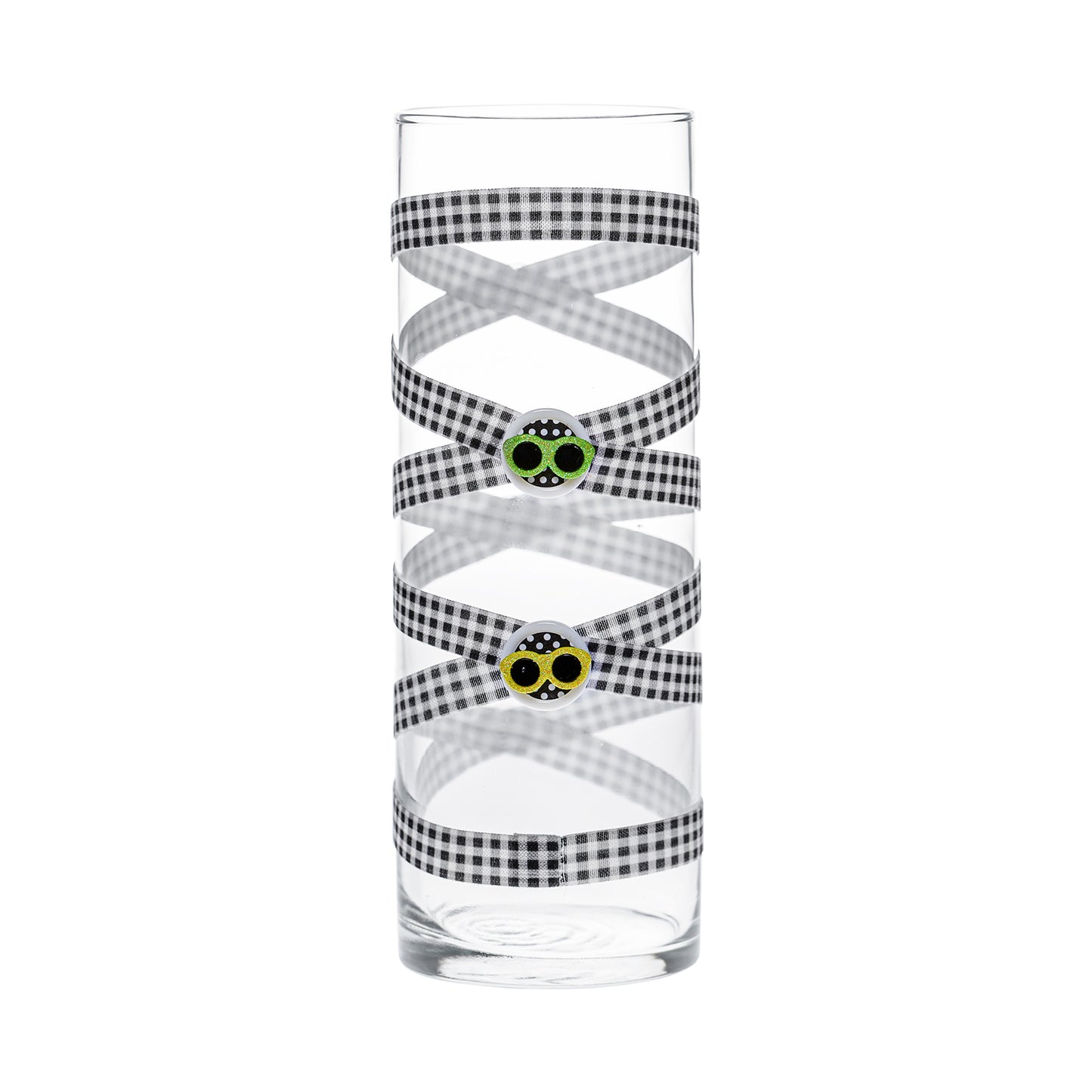 Back of Glass Wrappings 10" bud vase wrapped in black & white check elastic, decorated with 2 colorful sunglasses.