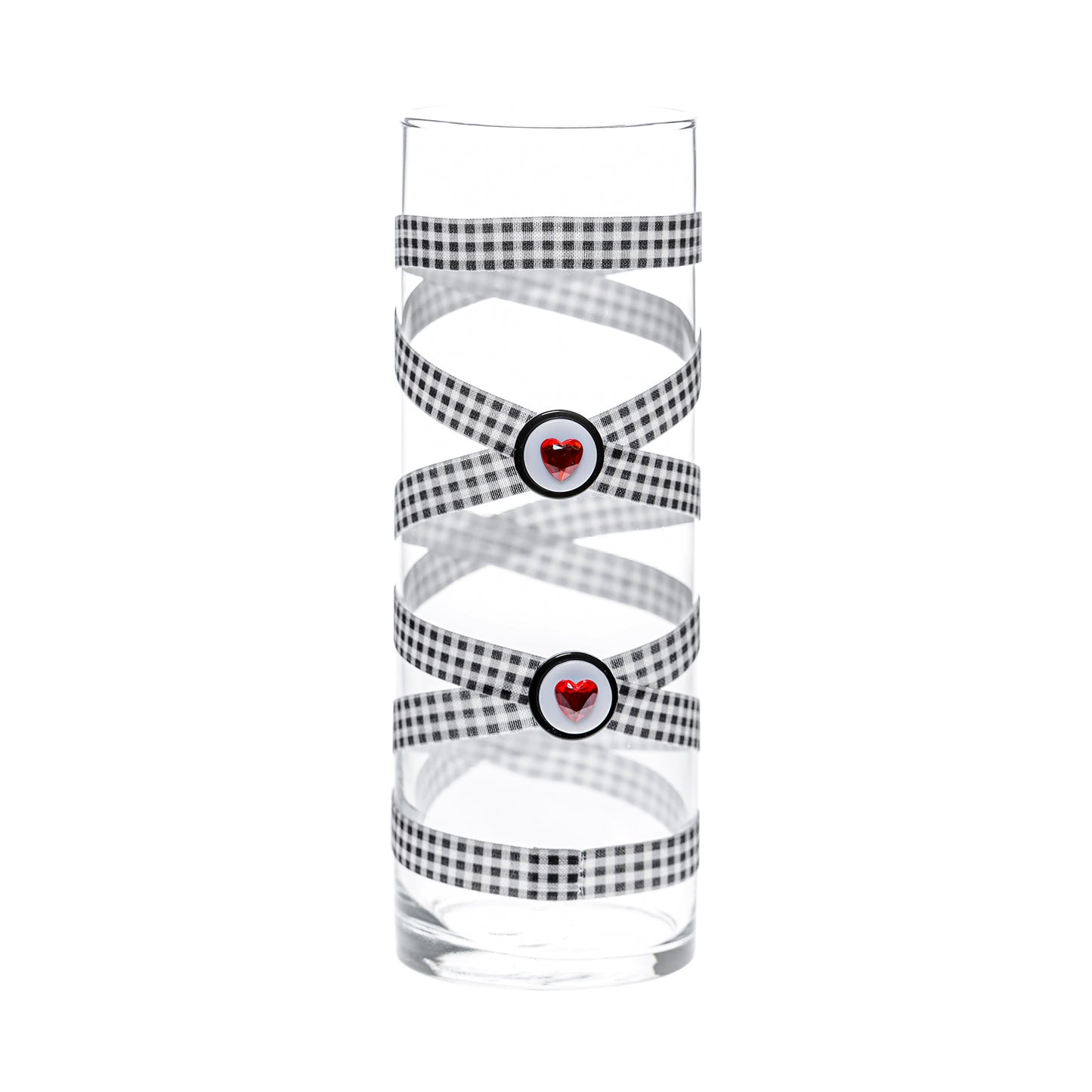 Back of Glass Wrappings' 10" bud vase wrapped in black & white check elastic, decorated with black and white buttons and 2 red gem hearts.