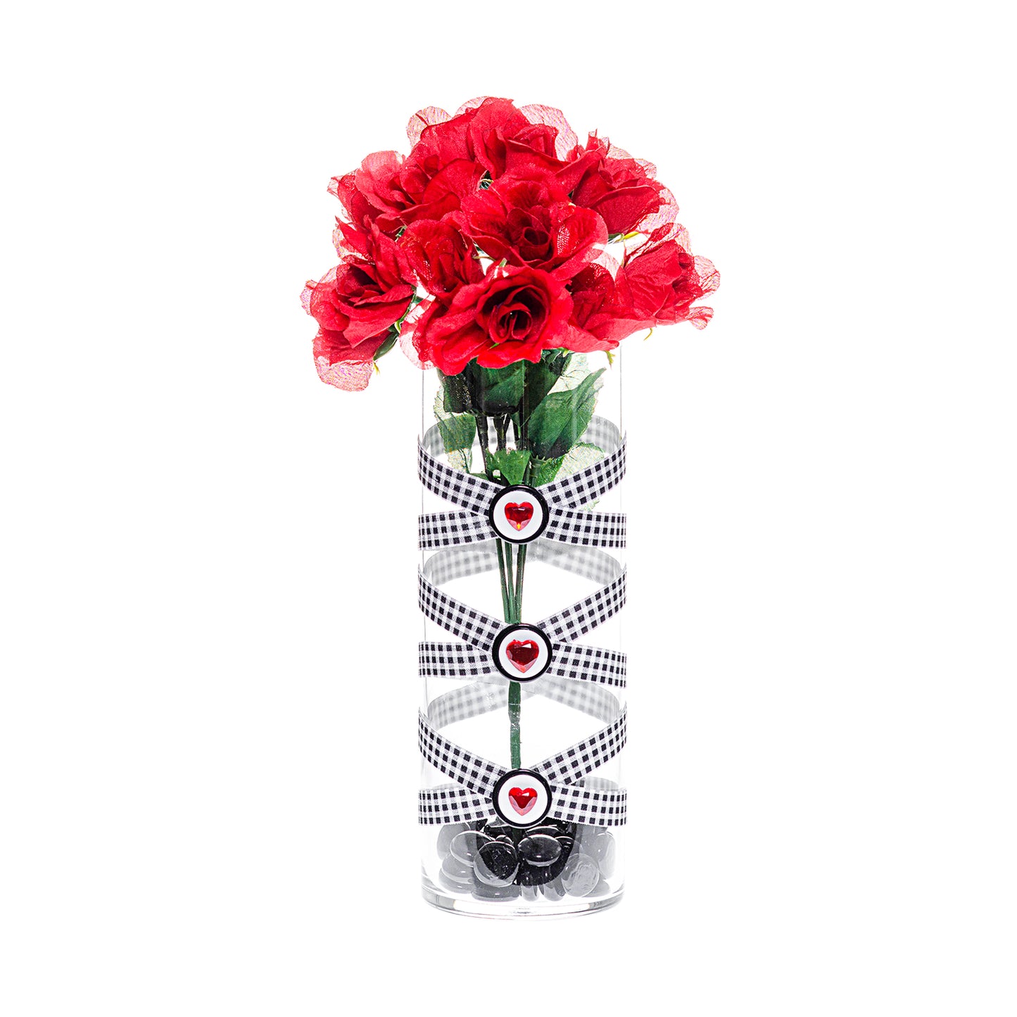 Front of Glass Wrappings' 10" bud vase wrapped in black & white check elastic, decorated with black and white buttons and 3 red gem hearts. Filled with red roses.