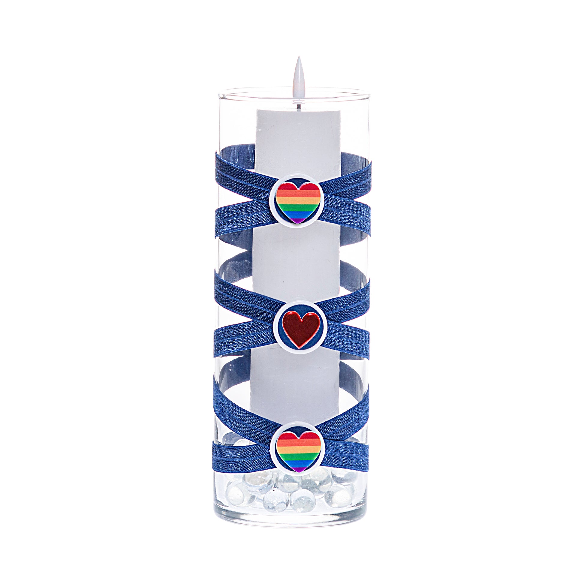 Front of Glass Wrappings' 10" bud vase wrapped in navy blue elastic, decorated with 2 rainbow hearts and a red heart.