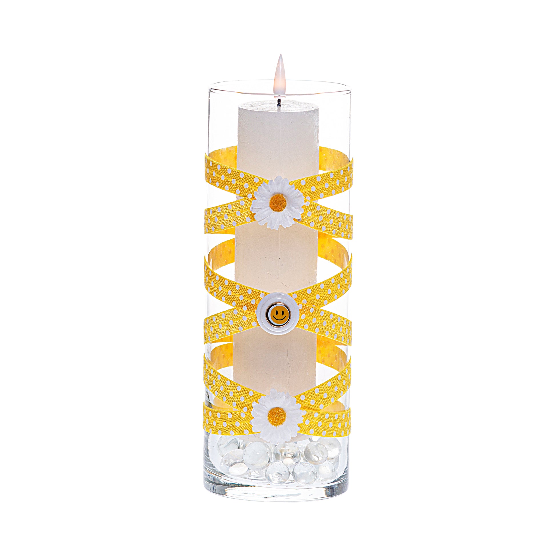 Front of Glass Wrappings' 10" bud vase wrapped in lemon yellow and polka dot elastic, decorated with 2 white daisies and a gold smiley face.