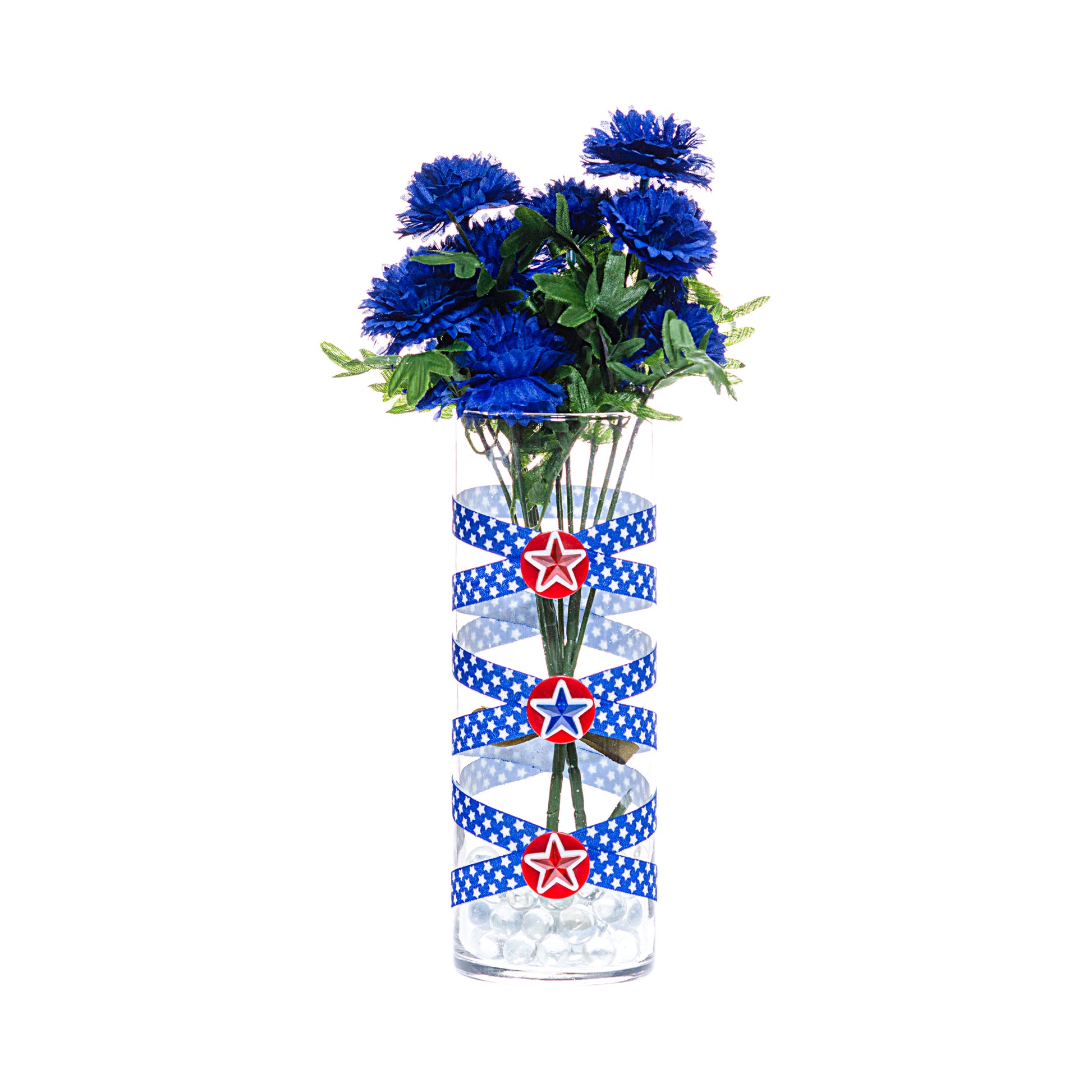 Front of Glass Wrappings' 10" bud vase wrapped in blue with white stars elastic, decorated with 3 patriotic stars. It is filled with blue flowers.