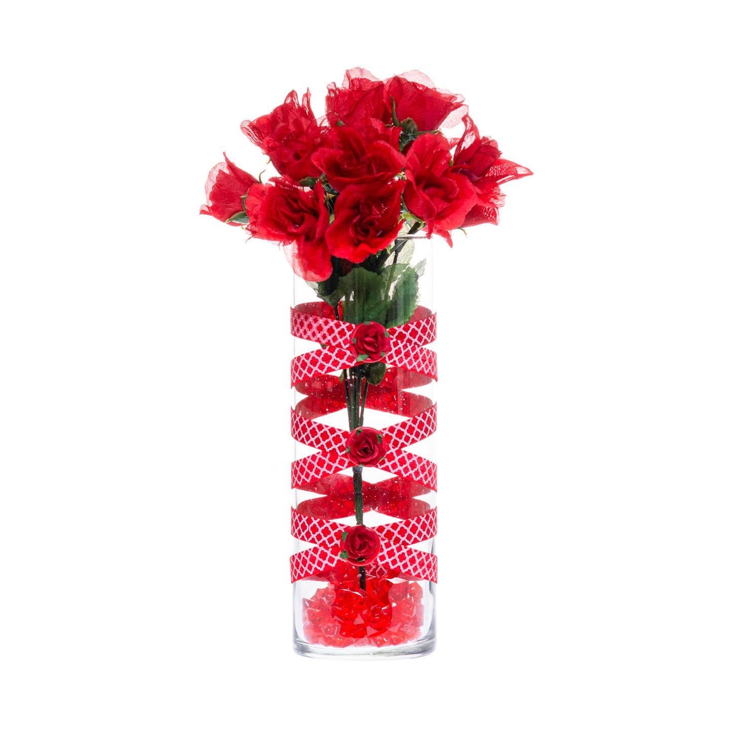 Front of Glass Wrappings' 19" bud vase wrapped in red and white quatrefoil elastic, decorated with 3 red mulberry paper roses. It is filled with red roses.