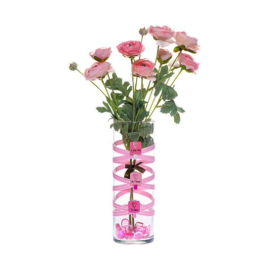 Front of Glass Wrappings' 10" bud vase wrapped in baby pink elastic, decorated with 3 clip-on messages - I Love You in English, French, and Spanish.