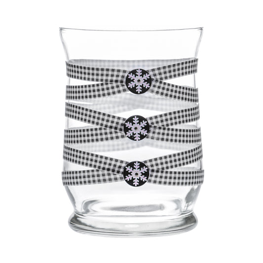 Front of Glass Wrappings 8" hurricane vase wrapped in black & white check elastic, decorated with 3 shiny snowflakes.