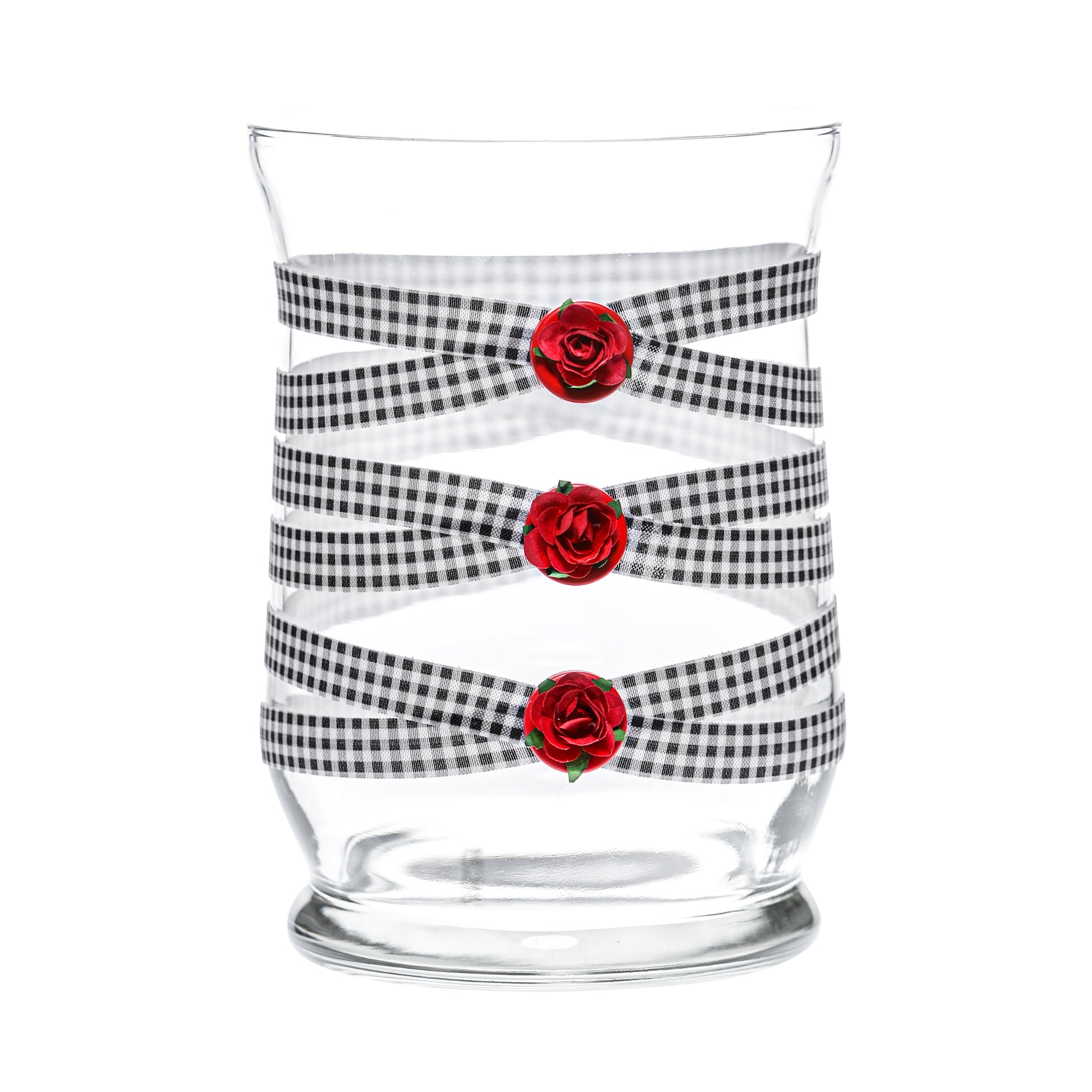 Front of Glass Wrappings 8" hurricane vase wrapped in black & white check elastic, decorated with 3 red roses.