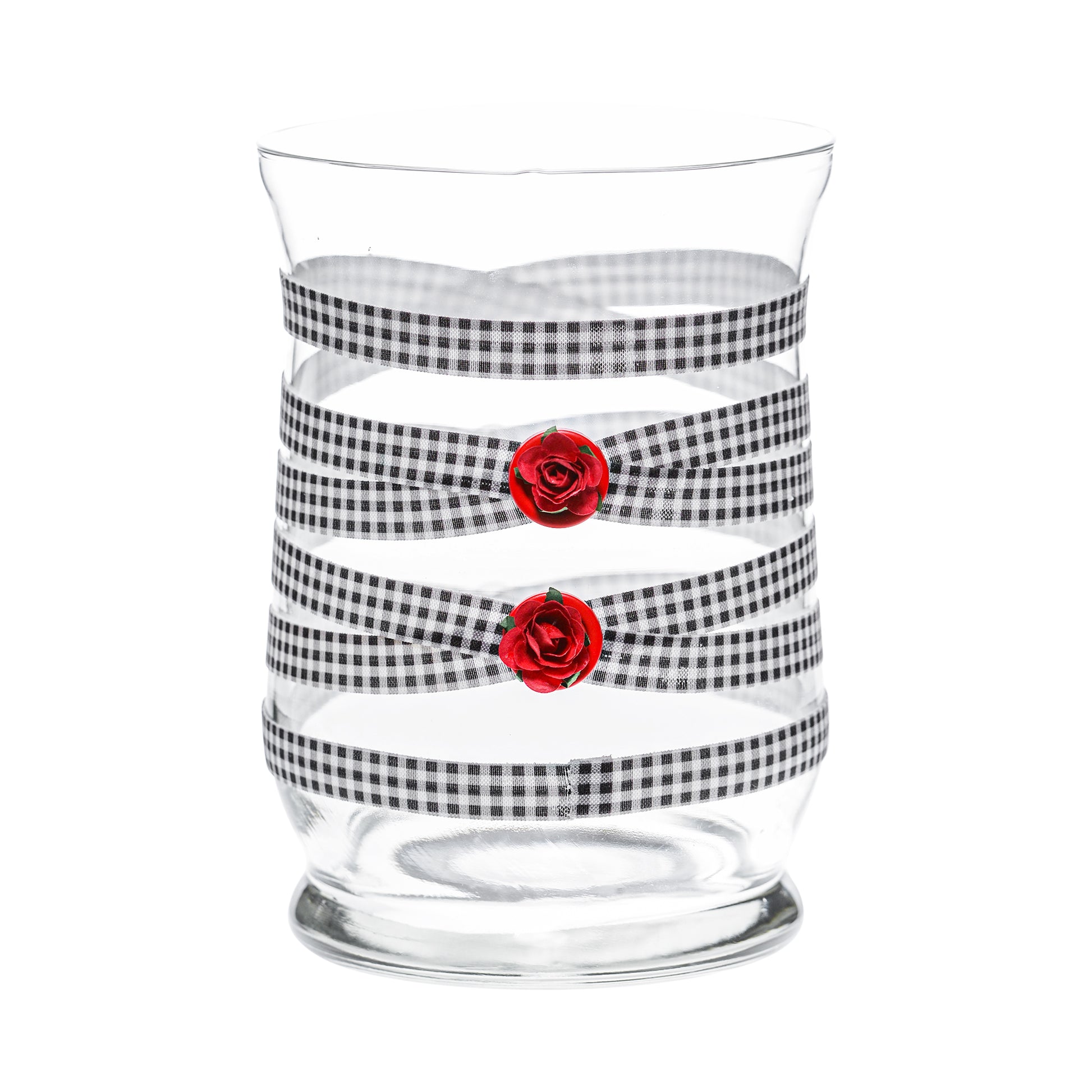 Back of Glass Wrappings 8" hurricane vase wrapped in black & white check elastic, decorated with 2 red roses.