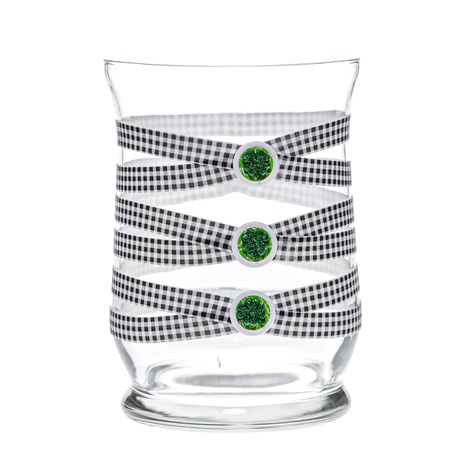 Front of Glass Wrappings 8" hurricane wrapped in black & white check elastic, decorated with 3 glitter shamrocks.