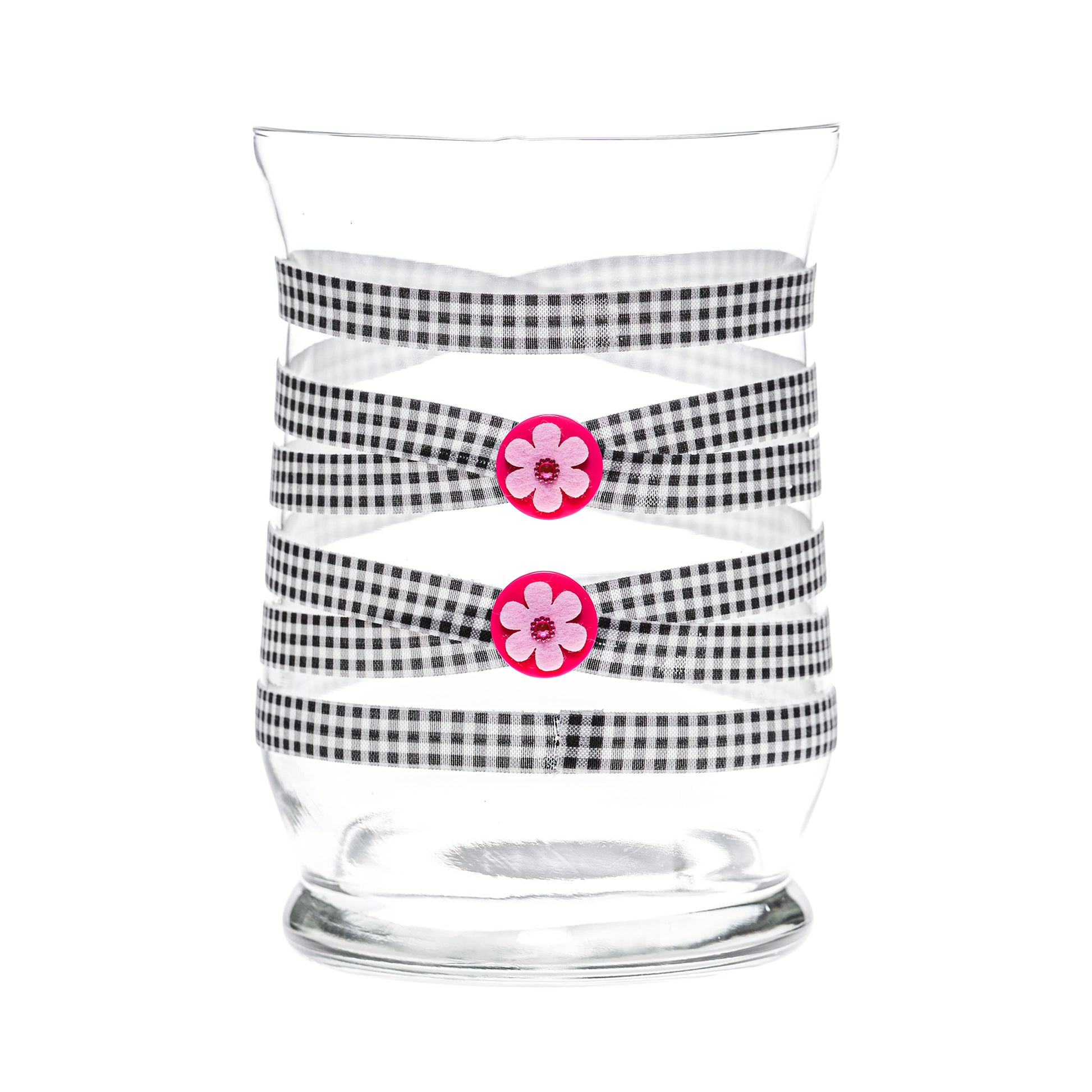 Back of Glass Wrappings 8" hurricane vase wrapped in black & white check elastic, decorated with 2 pink flowers.
