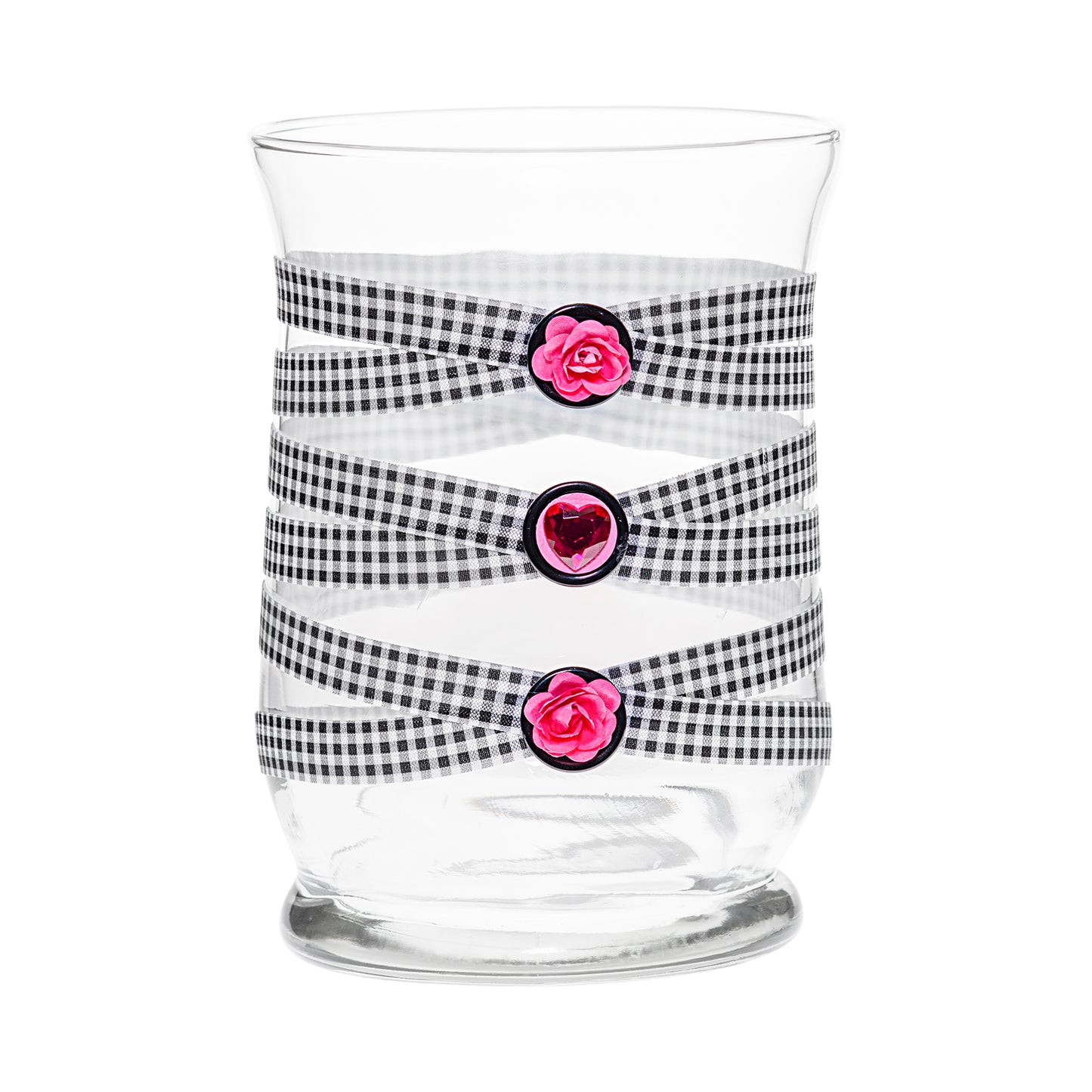 Front of Glass Wrappings' 8" hurricane vase, wrapped in black & white elastic, decorated with 2 pink roses and a pink gem heart.